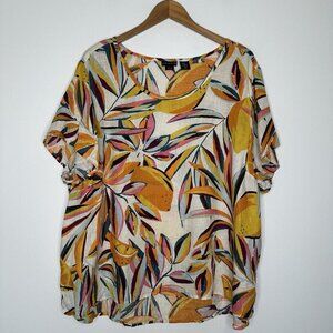 Tahari Linen Top Size 3X‎ Tropical Floral Fruit Short Sleeve Colorful